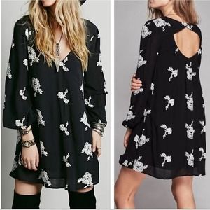 Free People Size M Embroidered Austin Black White Floral Cut Out Mini Dress